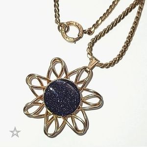 BLUE GOLDSTONE WIRE FLOWER STAR PENDANT ON ANTIQUE CHAIN